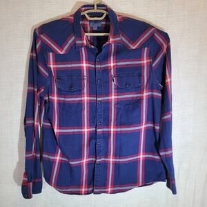 Lucky Brand Plaid Button Up Shirt Mens XL Blue Check Santa Fe Slim Fit Western